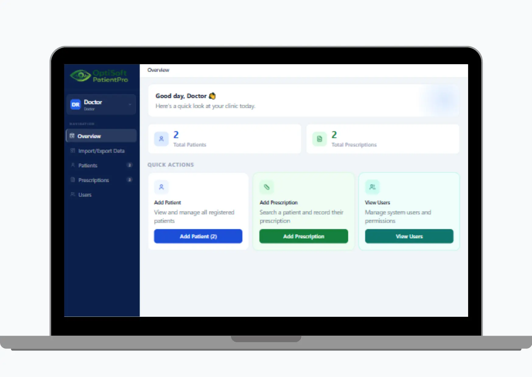 optical prescription management software dashboard on laptop showing patient records recall reminders and analytics for an optical store